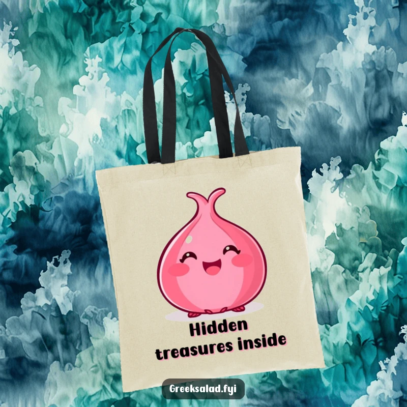 Funny tote bag featuring a happy red onion peeking out, ideal for shopping and smiles.