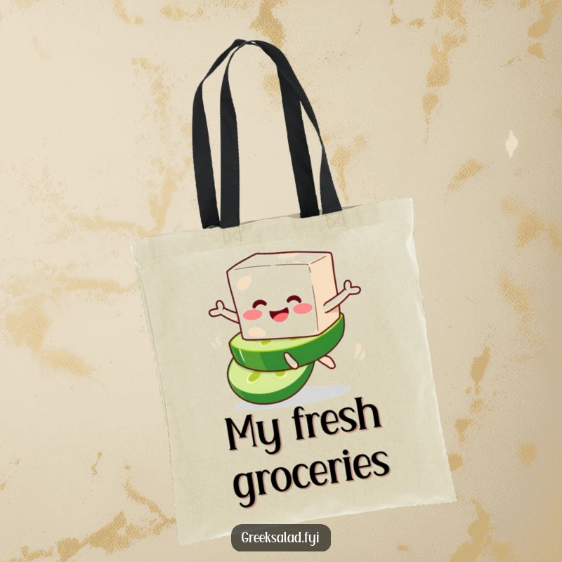Funny tote bag illustrating a smiling feta cheese block character joyfully leaping from a cucumber slice, full of cheer.