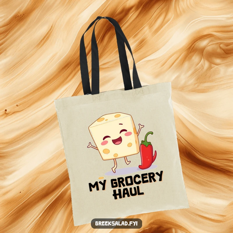 Funny tote bag with a winking feta cheese block leaping over a pepper, a humorous and practical bag.
