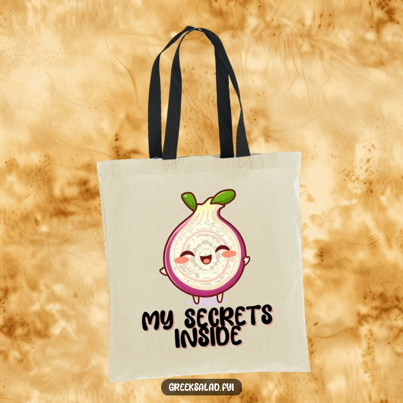 Funny tote bag showcasing a giggling red onion slice character doing a playful spin, perfect for stylish and humorous shopping.