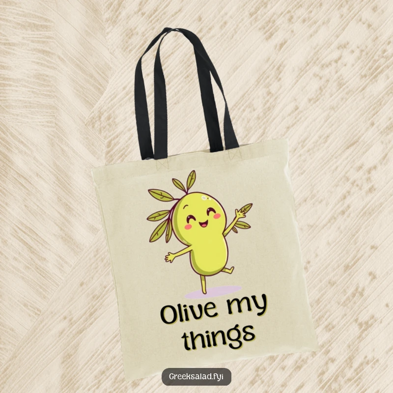 Funny dancing olive tote bag with a smiling character doing a playful dance, perfect for groceries and food-themed fun.