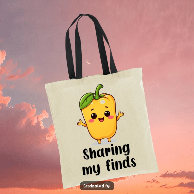 Funny bell pepper character offering a mini olive, featured on a tote bag, perfect for carrying items with cheerful generosity.